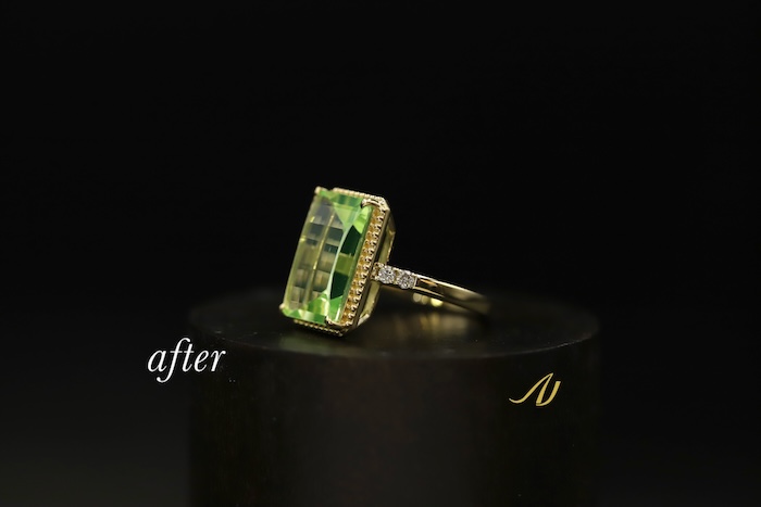 譲り受けた黄緑色の宝石をK18リングへ｜ミル打ちとメレダイヤを添えた指輪リフォーム事例【千葉】