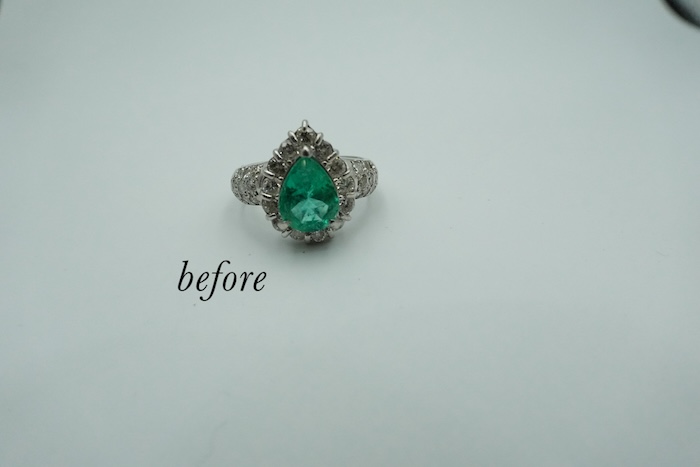 エメラルドリングのリフォーム事例｜ペアシェイプカットをシンプルな指輪へ